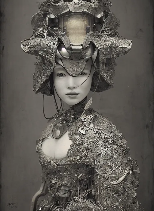 Image similar to old wetplate daguerreotype portrait of a futuristic silver armored geisha cyborg, fractal, intricate, elegant, highly detailed, parallax, leica, medium format, subsurface scattering, by jheronimus bosch and greg rutkowski and louis jacques mande daguerre