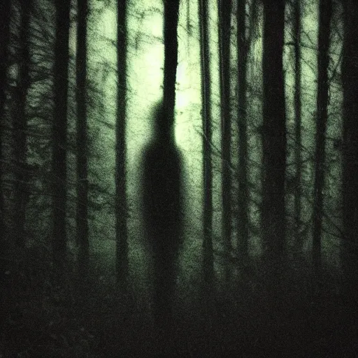 Image similar to grainy surveillance photo still of an alien in the woods at night hiding in the trees of a forest