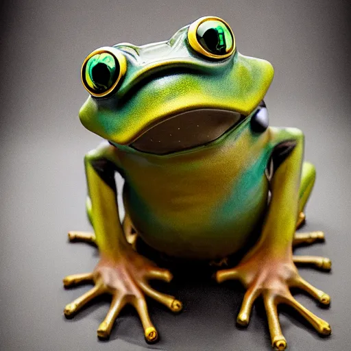 Prompt: a studio photography of a steampunk amazon toxic frog sculpture