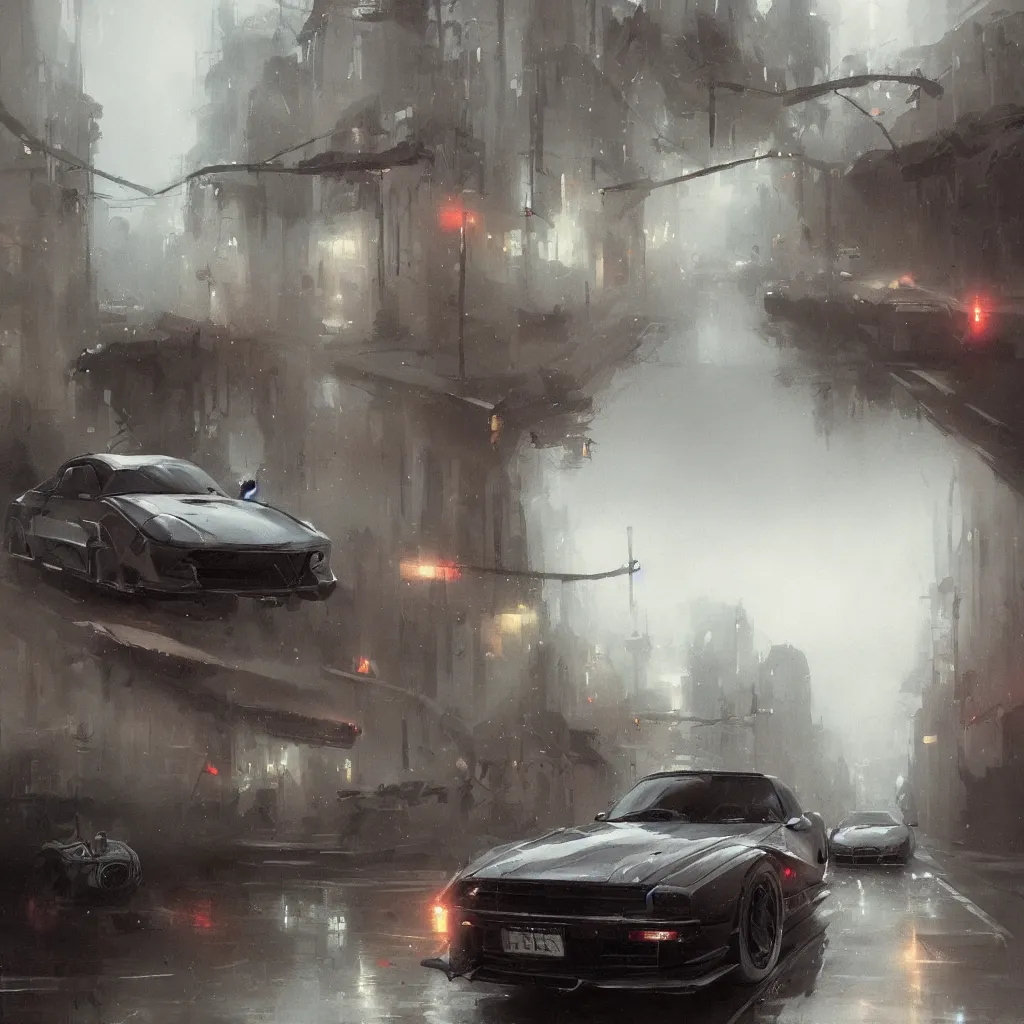 Image similar to greg rutkowski art, insanley detailed, extremly detailed, masterpice, a car driving slowy on a street with moody weather
