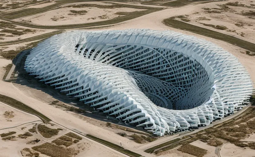 Image similar to parametric structure, medical complex, in the desert beside the gulf, view from above, design by denis villeneuve, dezeen, architectural photography