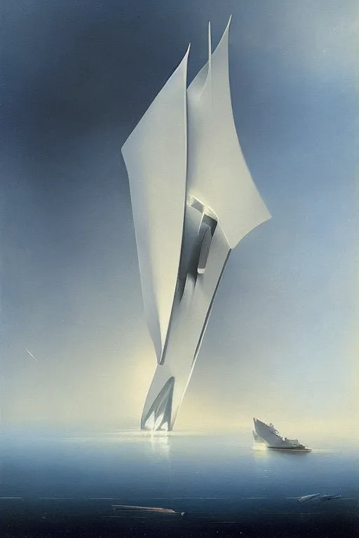 Image similar to minimalist futuristic zaha hadid spaceship painting by ivan aivazovsky