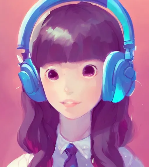 Image similar to beautiful little girl character inspired by 9 0's fashion and by madeline from celeste, art by rossdraws, wlop, ilya kuvshinov, artgem lau, sakimichan and makoto shinkai, concept art, headphones, anatomically correct, extremely coherent, realistic, hd