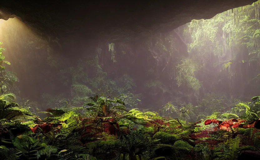 Image similar to a beautiful render of a dark prehistoric rainforest in a humongous cave, lush flora, patches of yellowish - red - magenta sky, sunset lighting, fireflies, floating mountains and a waterfall in the background, intricate detail, hazy, humid, volumetric lighting, god rays, 8 k, photorealistic, raytracing effects, unreal engine 5