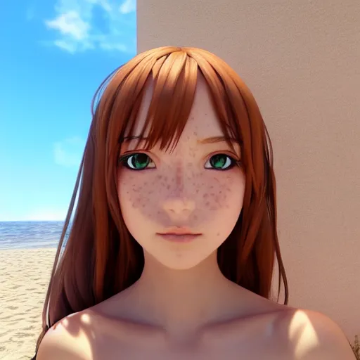 Image similar to Render of a very beautiful 3d anime girl, long hair, hazel eyes, cute freckles, full round face, short smile, cute sundress, golden hour, serene beach setting, medium shot, mid-shot, highly detailed, trending on Artstation, Unreal Engine 4k