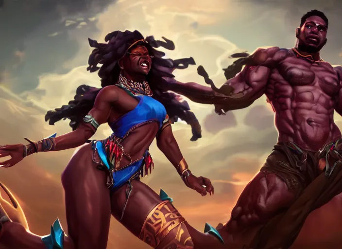 Image similar to black american deity character concept art, digital illustration, trending on artstation, epic composition, scenic background, 8 k uhd, masterpiece, league of legends splash art, octane render, highly detailed, perfect lineart