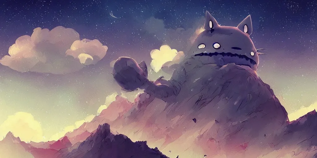 Image similar to exoskeleton totoro, mountain landscape, night sky, digital art, digital painting, celestial, majestic, playful, colorful