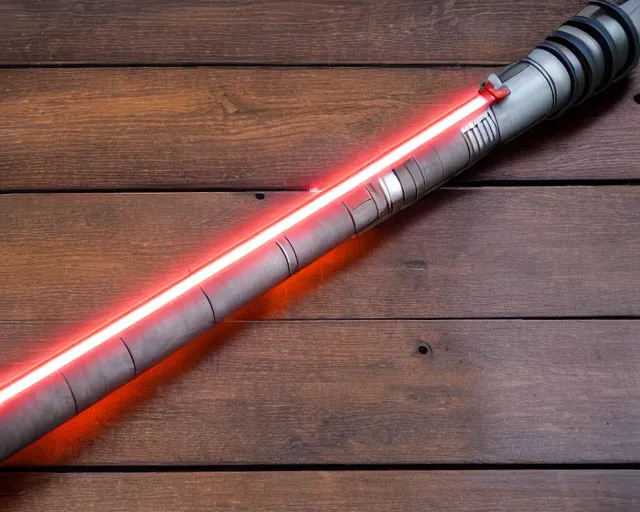 Prompt: a photograph of a lightsaber on a wooden table, very detailed, high definition,