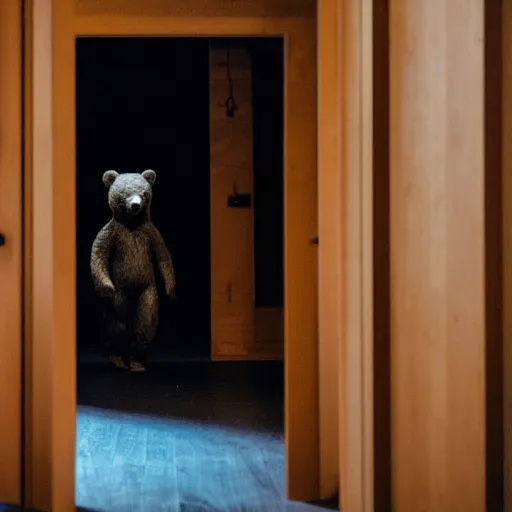 Image similar to dark photograph of a small bear mascot walking through a large wooden doorway