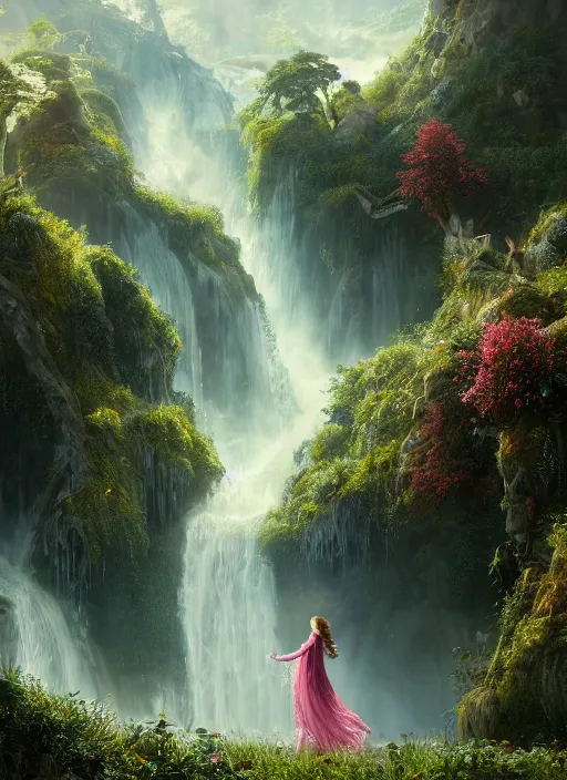 Image similar to an elegant fairy with wings of lace looking at a lord of the rings scenery landscape, vast lush valley flowers and wood structures, stream, sunrise, god's rays highly detailed, vivid color, cinematic lighting, perfect composition, 8 k, gustave dore, derek zabrocki, greg rutkowski, belsinski, octane render