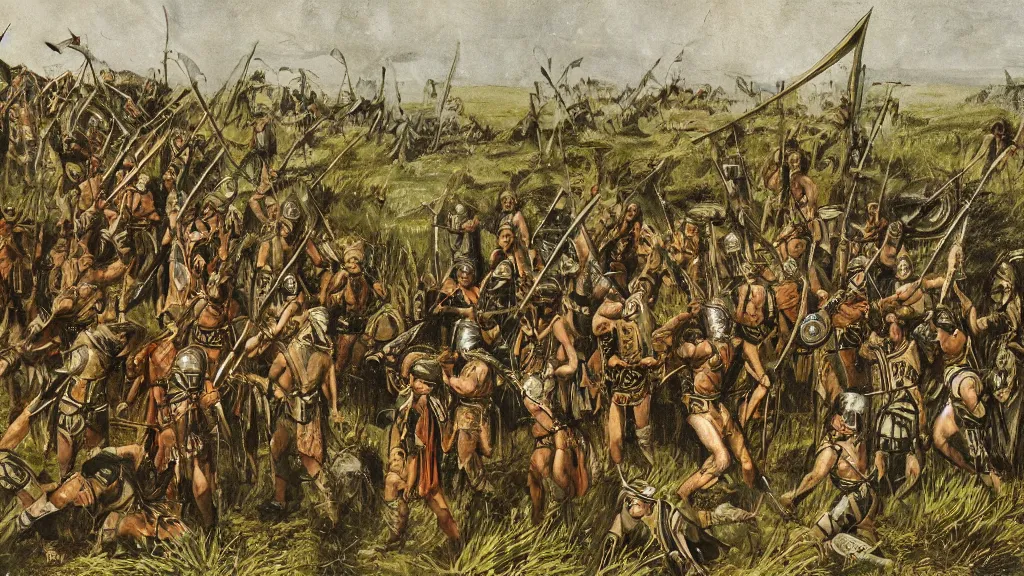 Image similar to celtic tribal soldiers with war paint and spears facing roman legionnaires with swords and spathas in wetland with few cypress trees far away, cinematic, waterpaint, late antiquity, battle, britannia