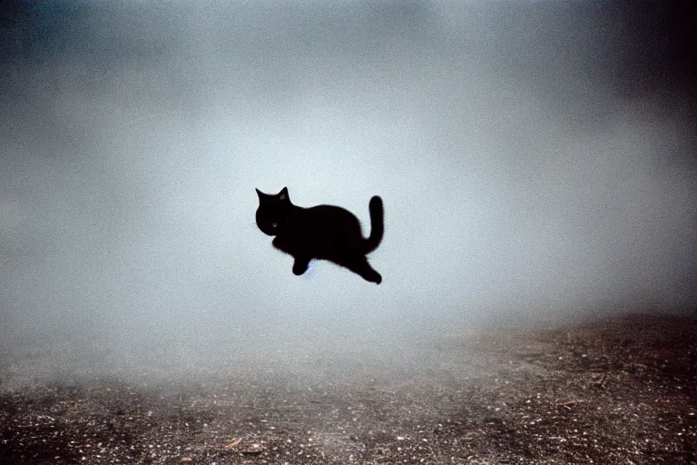 Prompt: black cat jumping out of thick white fog, 35mm film, lomography