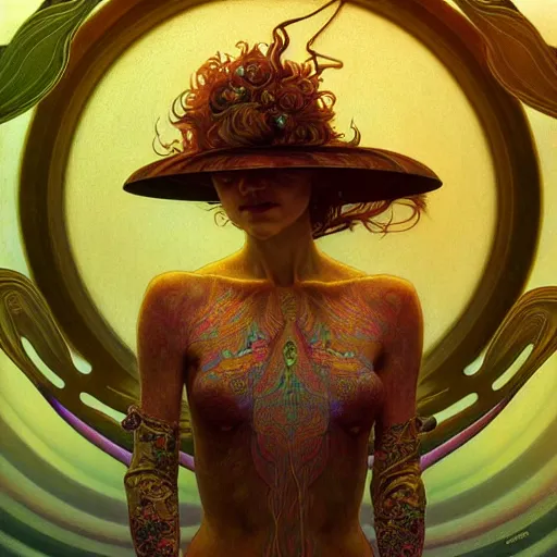 Image similar to An extremely psychedelic portrait, surreal, mushrooms, face, detailed, intricate, elegant, lithe, highly detailed, digital painting, artstation, concept art, smooth, sharp focus, illustration, art by Krenz Cushart and Artem Demura and alphonse mucha