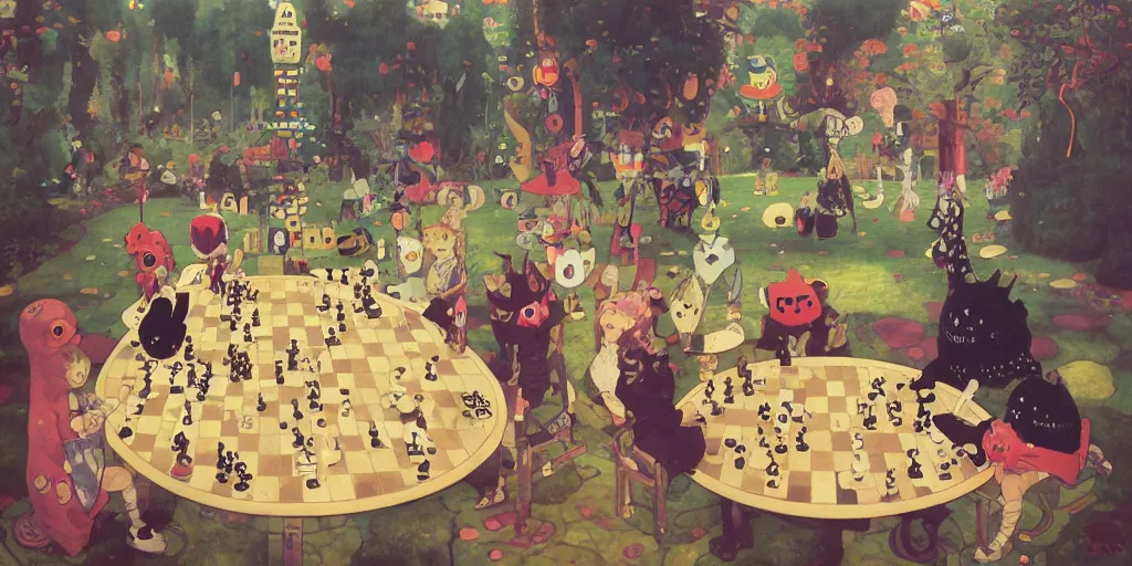 Image similar to cute anime monsters playing chess by Klimt and Goro Fujita and Simon Stalenhag and Kandinsky and Magritte, 8k, trending on artstation, hyper detailed, cinematic