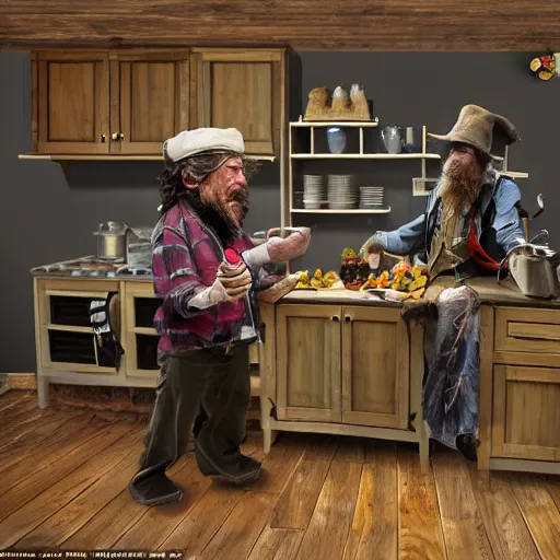 Image similar to british magical hobo breaks into some ork's kitchen and attacks them, 4 k, detailed, real life photo, sharp focus, photorealistic