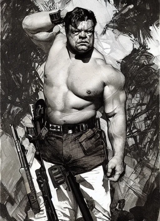 Image similar to gk chesterton as a buff action hero with muscles and a shotgun. portrait by james gurney craig mullins and alphonso mucha. realistic face. expressive.