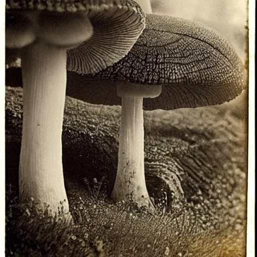 Prompt: Beautiful Victorian Photograph of a fantasy mushroom landscape