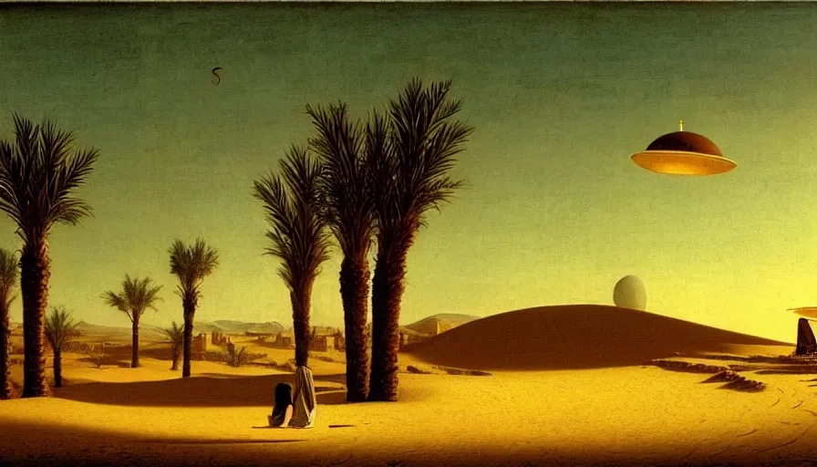 Prompt: an arabian desert village during an alien invasion at night, a big flying saucer ufo in the sky, dunes, oasis, palm trees, an arab standing watching over, by caspar david friedrich