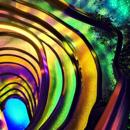Prompt: octane render of a colorful glass spiral staircase inspired by piano keys going all the way up an exterior of an overgrown floral skyscraper in a starry desert, backlit, auroras in sky, game concept art, artstation, digital painting, matte painting