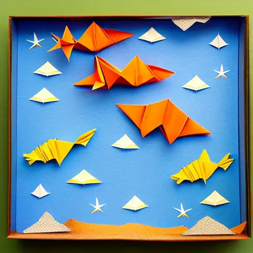 Prompt: origami sea creatures in a paper ocean diorama