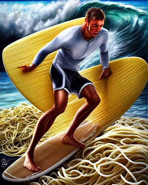 Image similar to surfing in a sea of pasta, detailed realistic sport art, artgerm