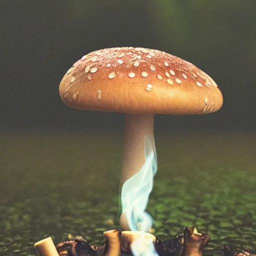 Prompt: mushroom smoking cigarette in the rain