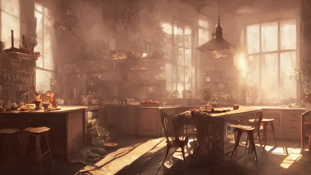 Image similar to a photorealistic hyperrealistic render of an interior of a beautifully decorated cozy kitchen by pixar, greg rutkowski, wlop, artgerm, dramatic moody sunset lighting, long shadows, volumetric, cinematic atmosphere, octane render, artstation, 8 k