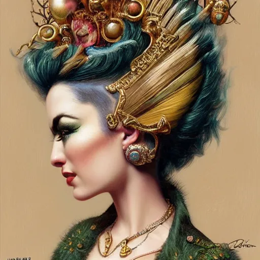 Prompt: a portrait of a pretty woman with a mohawk by mark ryden and gaston bussiere insane quality, elegant, glowing, ornate and intricate, highly detailed, digital painting, artstation, concept art, pop, smooth, sharp focus, illustration and 3 d, japonisme, vivid 8 k ultra detailed