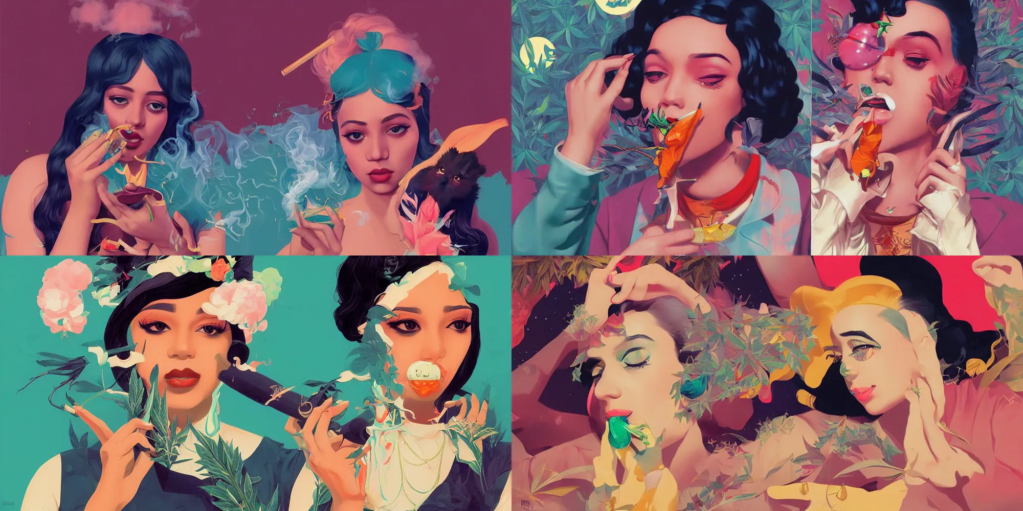 Prompt: DojaCat smoking weed by Sachin Teng + Karol Bak + Rolf Armstrong