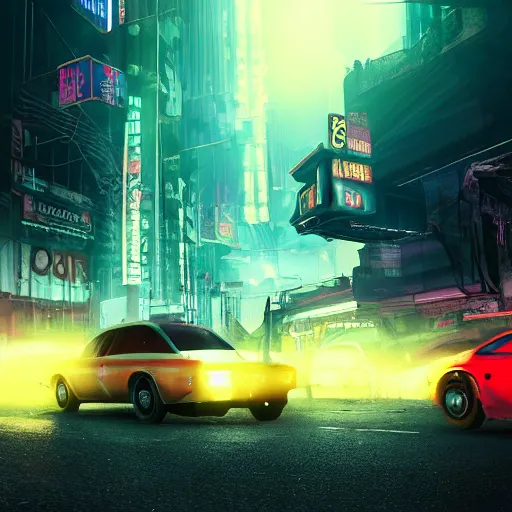 Image similar to a 3 d rendered in unreal engine guatemalan cyberpunk city with flying cars with neon ads and signs with evocative dramatic mood with blade runner vibe with cars and floating vehicles with motion blur with depth of field with bloom with lightshaft with volumetric lights, fog, by jeremy mann, oscar winning graphics, photo realistic, bloom, imax, dynamic lighting, artstation,