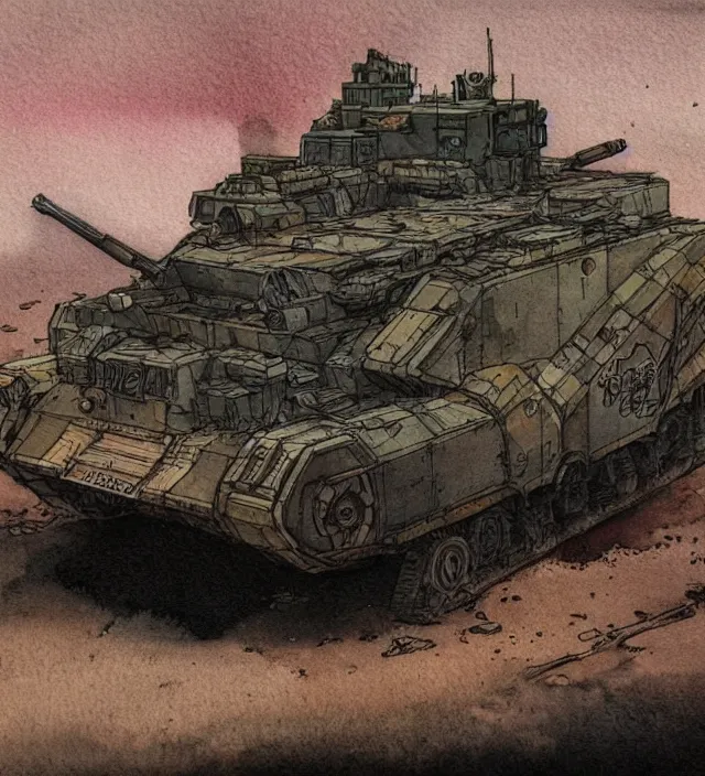 Image similar to a 3 / 4 view watercolor ink painting of a post - apocalyptic tank in the style of jean giraud in the style of moebius trending on artstation deviantart pinterest detailed realistic hd 8 k high resolution