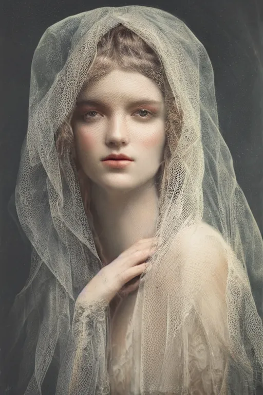 Image similar to a beautiful ultradetailed vintage photo of a veiled cyborg, by tom bagshaw and anna dittman, embroidered lace chapel veil, portrait, vignette, 3 5 mm lens, golden ratio composition, detailed face, studio photography, very detailed, humanoids, industrial robots, artstation, 8 k, highly coherent