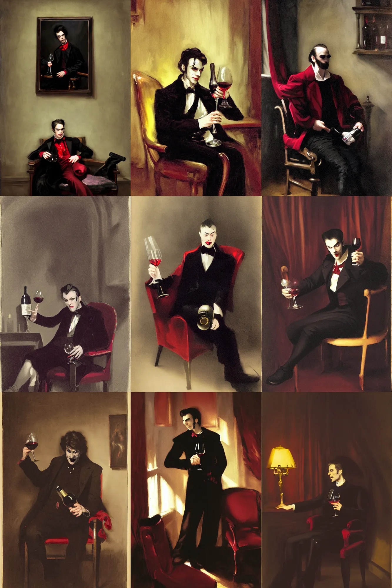 Prompt: character portrait of a vampire with one leg crossed over the other, facing the camera, holding a wine glass filled with red wine in his hand, sitting sitting dramatically on a chair in a dark room, trophies along the back wall on bookshelves, moody colors, amazing value control, in the style of john singer sargent, dramatic lighting, spotlight from a window, sharp focus