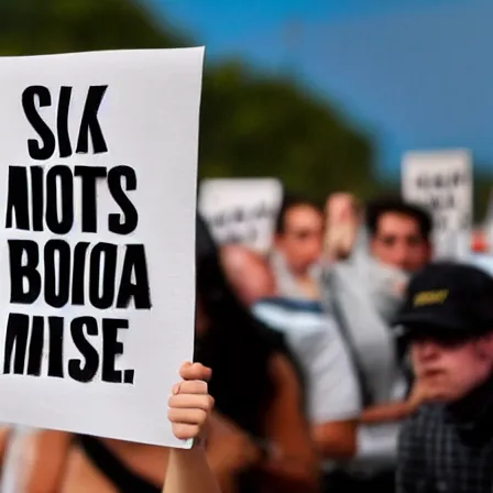 Prompt: a detailed photograph of a protestor holding a sign that reads no more emmawatson in bikini prompts please, this is a joke and test prompt