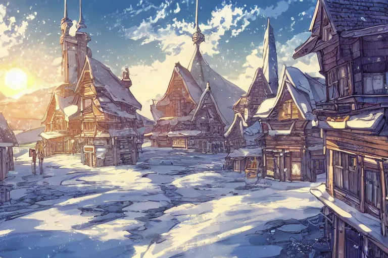 Image similar to cell shaded anime key visual of a fantasy city in the tundra, snowy, in the style of studio ghibli, moebius, makoto shinkai, dramatic lighting