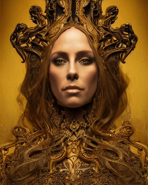 Image similar to concept art, Nicole Aniston, beautiful, frank frazetta, ornate, art nouveau, symmetrical, gold jewelry, high contrast, unbiased render, Emil melmoth, eerie, haunting, victorian, 8k, octane render, style of Gustav Klimt, head and shoulders