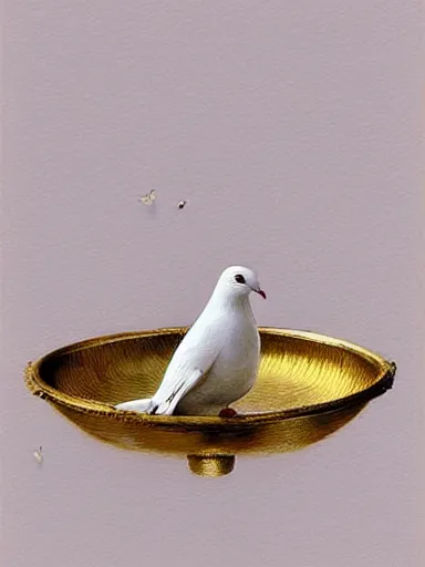Prompt: a white dove holding a communion wafer. a golden cup water fountain. intricate, elegant, highly detailed, digital painting, artstation, concept art, sharp focus, illustration, by justin gerard and artgerm, 8 k