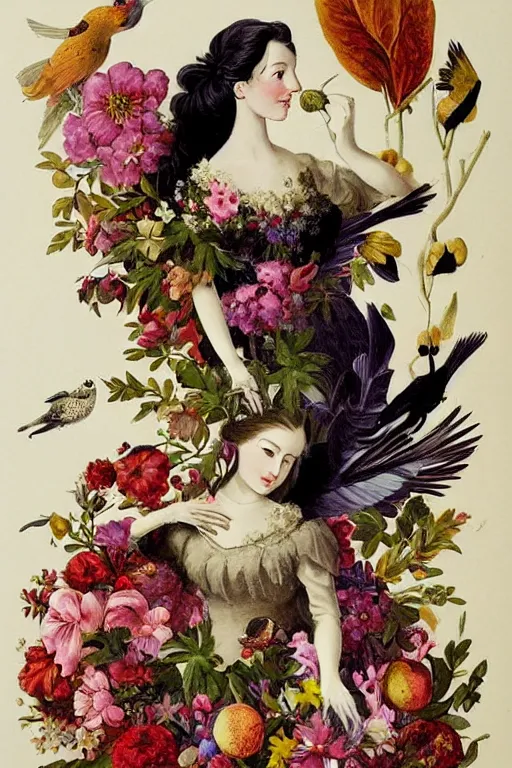 Image similar to beautiful girl Amalgamation with flowers, fruits, birds by Beto Val, John James Audubon, vintage illustration, bizarre compositions, Exquisite detail