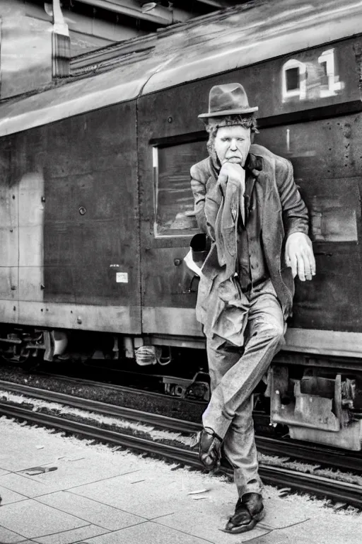 Prompt: Tom Waits sitting on railway station looking at big watches, grey, brown, photorealistic imagery