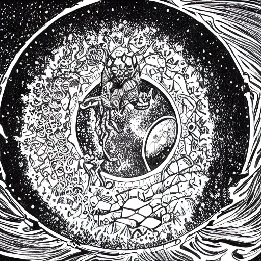 Prompt: highly detailed, intricate beautifully stunning picture of a cosmic aquarium in the middle of a keyhole portal overlooking the desert, stunning atmosphere, huge black glowing sun, black and white ink on paper, manga art, thick outlines , by Eiichiro Oda