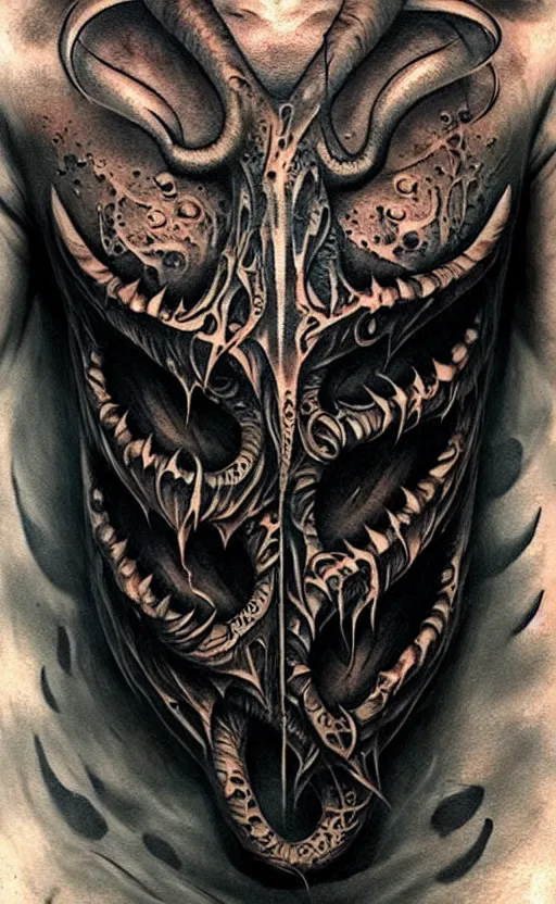 Image similar to chest tattoo cthulhu by greg rutkowski, by giger, by maxim verehin