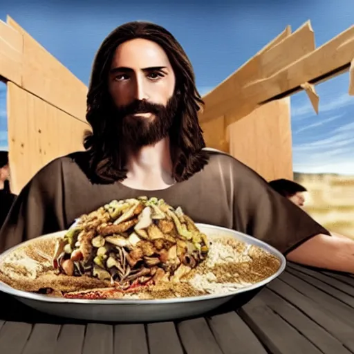 Image similar to jesus nailed to a chipotle advertisement