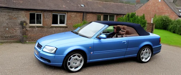 Prompt: Denim Blue Audi A4 B6 Avant Convertible (2002), soft top roof raised, created by Barclay Shaw