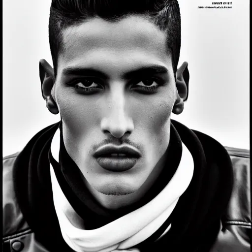 Image similar to a beautiful professional black and white photograph by hamir sardar, herb ritts and ellen von unwerh for the cover of vogue magazine of an unusually handsome moroccan male fashion model looking at the camera in a flirtatious way, leica 5 0 mm f 1. 8 lens