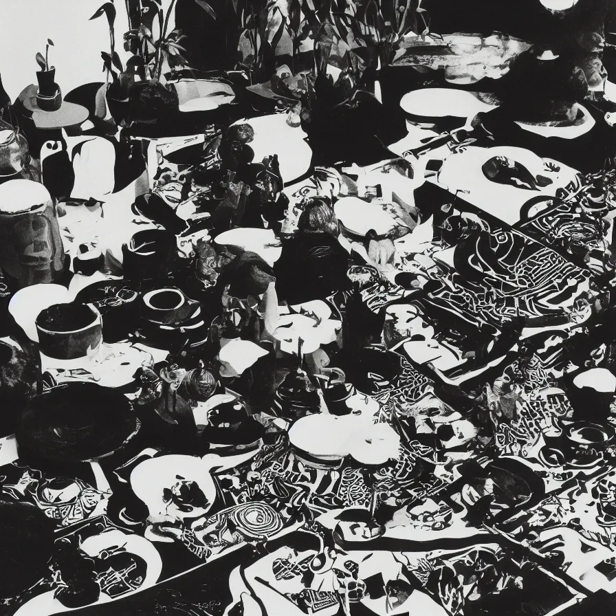 Image similar to A black and white photography of an exhibition space with objects of Sun Ra, Marcel Duchamp and tropical plants, 60s, offset lithography print, close up shot