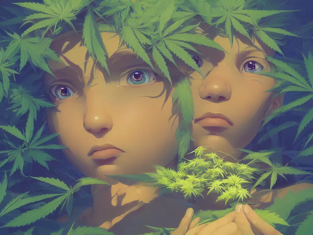 Image similar to kid with green ultramarine nefrit flowers of marijuana hemp cannabis, behance hd by jesper ejsing, by rhads, makoto shinkai and lois van baarle, ilya kuvshinov, rossdraws global illumination, golden ratio, symmetrical beauty face