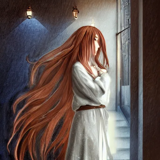 Prompt: maiden with copper hair, in blue and silver rustic wedding robes with metallic inlays, walking down a marble stairwell, realistic, mysterious lighting, muted colors, fog, highly detailed, digital painting, Artstation trending, illustration, artist style anime realism