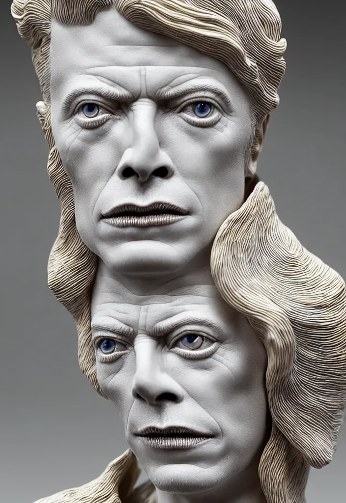 Image similar to David Bowie , A Close up photo-real delicate ceramic porcelain sculpture of a symmetrical ornate detailed in front of an intricate background by Victo Ngai and takato yamamoto, micro detail, backlit lighting, face in focus, subsurface scattering, translucent, thin porcelain, octane renderer, colorful, physically based rendering, japanese pottery, trending on cgsociety