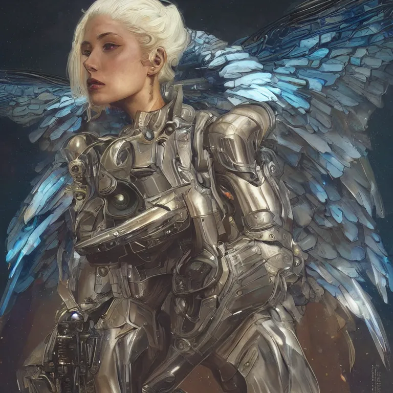 Prompt: scifi character portrait Painting of a stunning attractive heroine as a futuristic archangel character, dystopian mood, intricate, wild, highly detailed, digital painting, artstation, concept art, smooth, sharp focus, illustration, art by artgerm and greg rutkowski, and alphonse mucha