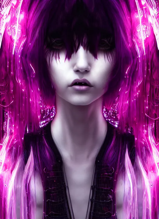 Image similar to hair whitebangs hair, black cyberlox, portrait of teenage girl with white bangs, whitebangsblackhair, messy bangs, cyberlox, whitebangs, red irises, purple clothes, intricate, elegant, glowing lights, highly detailed, digital painting, artstation, concept art, sharp focus, illustration, art by wlop, mars ravelo and greg rutkowski